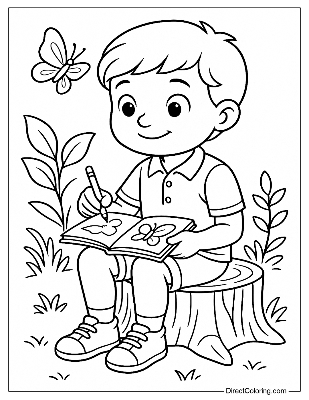 A coloring page of a child sitting on a tree stump, taking notes and drawing butterflies in a nature notebook.